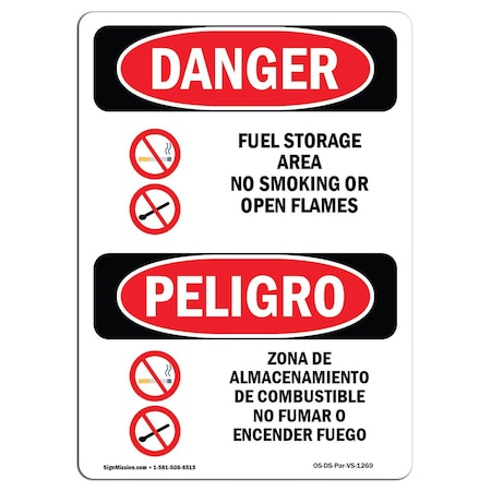 Signmission OSHA Sign, Fuel Storage Area No Smoking Bilingual, 10in X 7in Rigid Plastic, 7" W, 10" L, Spanish OS-DS-P-710-VS-1269